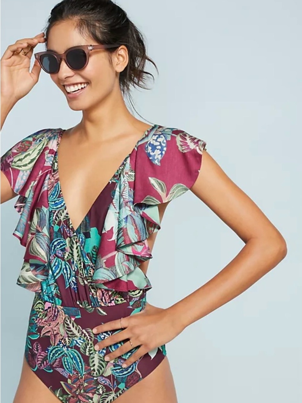 PatBO Samba Floral Ruffle One-Piece Swimsuit in Purple and Teal NWT